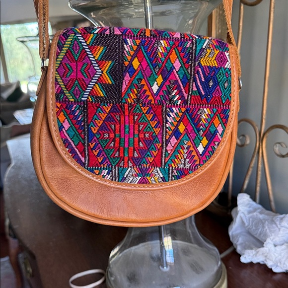 Woven Textile Leather Crossbody Bag Boho Ethnic Southwestern Festival Statement - Picture 2 of 9
